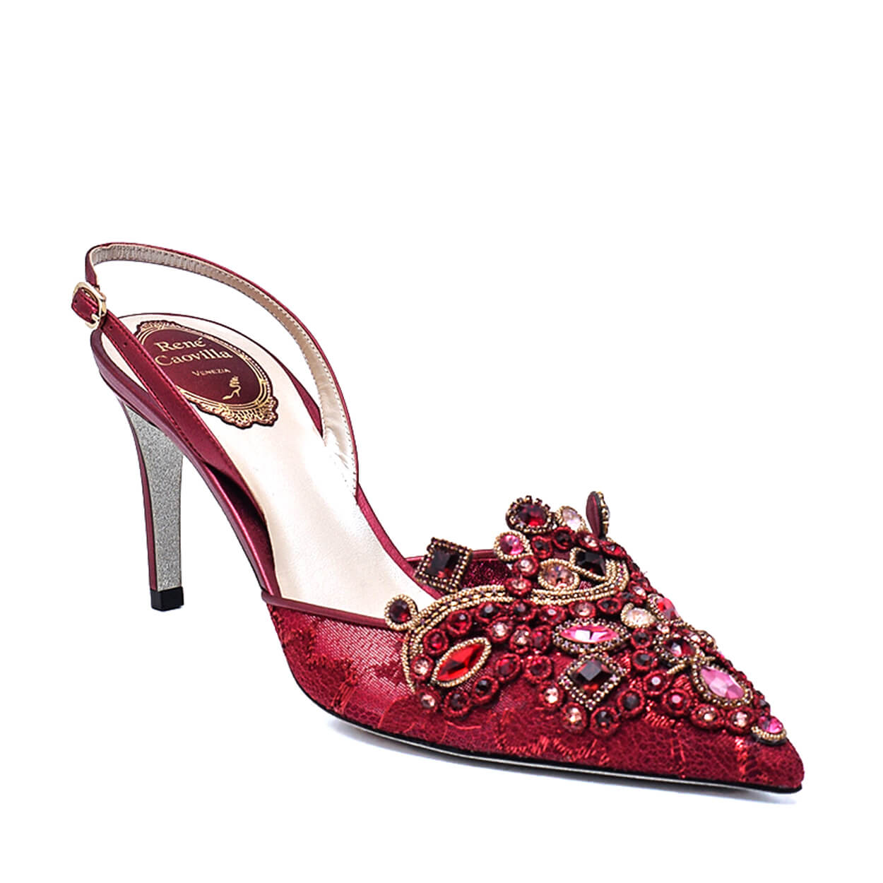 Rene Caovilla - Burgundy Crystal Embellished Lace and Leather Slingback Pumps 39